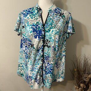 East 5th Blouse Top Button Up Lightweight Ruffle Cap Sleeve Floral Blue White 1X